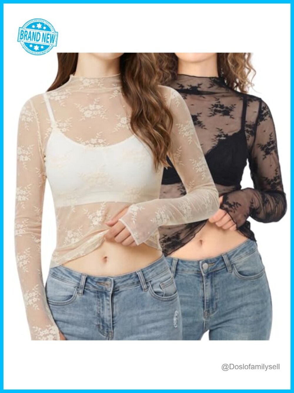 Lace Mesh Top 2 Pack Long Sleeve Sheer Mock Neck Floral Fitted Blouse